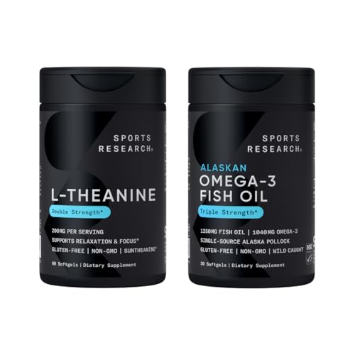 [BRSRAH37DIHQMG36] Sports Research® Double Strength L-Theanine Suntheanine for Focus, Relaxation & Alertness Non-Drowsy Support + Coconut Oil 60 Count & Triple Strength Omega 3 Fish Oil 1250mg Burpless Omega3 EPA & DHA