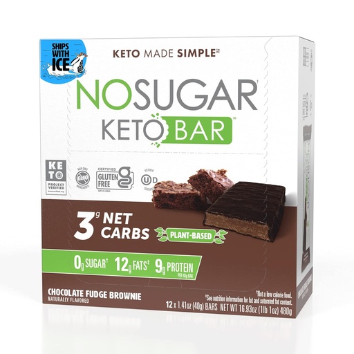 [BRSWYYYHCQCBEYLU] No Sugar Keto Bar Snack, Fudge Brownie, 12 x 1.41oz Bars - Low Carb No Sugar Keto Snack Food with Keto Friendly Macros, 3g Net Carb, 9g Plant Based Protein, 13g Healthy Fat, Sugar Free (0g)