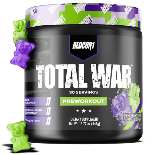 [BRSWGFTROIFQMDL4] REDCON1 Total War Pre Workout, Sour Gummy Bear - Fast Acting Caffeinated Preworkout for Men + Women with Beta Alanine - Contains Citrulline Malate for Increased Pump, Blood Flow (30 Servings)