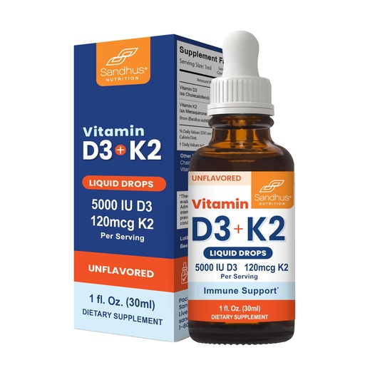 [BRSRAGL7O4MBMA3B] Sandhu's Vitamin D3 K2 Drops for Adults | 5000 IU D3 Liquid, 120mcg K2 Supplement 1 Fl Oz (Pack of 1) | D3K2 Supports Superior Absorption, Energy, Immune, Muscle Health for Men & Women