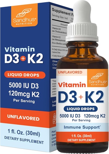 [BRSRAGL7O4MBMA3B] Sandhus vitamin D3 K2 droppar för vuxna | 5000 IE D3 Liquid, 120mcg K2 Supplement 1 Fl Oz (Pack of 1) | D3K2 Stöder överlägsen absorption, energi, immun, muskelhälsa för män och kvinnor