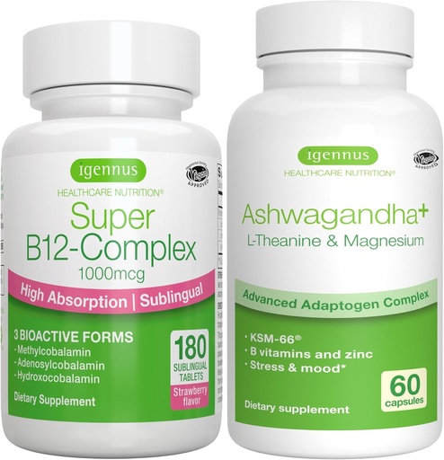 [BRSRAGABO4IAAHQ2] Super B12-Complex 1000mcg + Advanced Ashwagandha KSM-66, L-Θεανίνη & Δέσμη Μαγνησίου, Υψηλή Απορρόφηση Υπογλώσσια Βιταμίνη B12 + Πολυ Δράση Adaptogen Complex, από Igenus