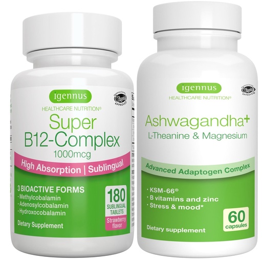 [BRSRAGABO4IAAHQ2] Super B12-Complex 1000mcg + Advanced Ashwagandha KSM-66, L-Theanine & Magnesium Bundle, High Absorption Sublingual Vitamin B12 + Multi Action Adaptogen Complex, by Igennus