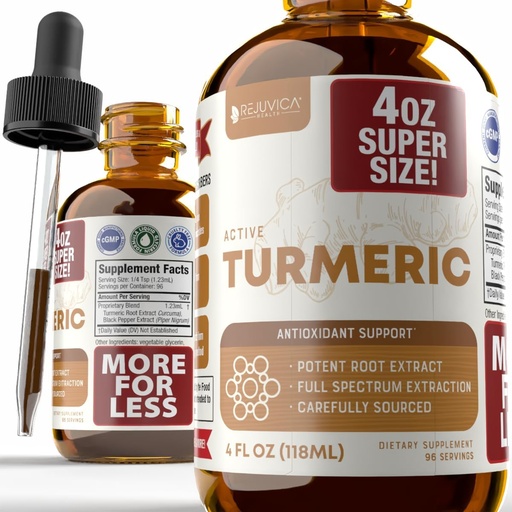 [BRSRAZLYCUHBUD3F] Rejuvica Health Active Turmeric 4oz XL Super Size - Advanced Liquid Supplement Tincture - Curcuma Longa Extract Drops - Turmeric Roots Only - Naturally Occurring Curcumin