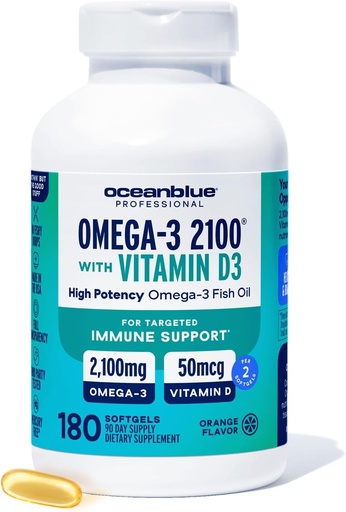 Oceanblue profesjonell fiskeolje med vitamin D3 | Triple Styrke 2100mg Omega 3 DPA EPA DHA Wild Fanget | Burpless Orange Flavor, 90 Serverer (180 greve)