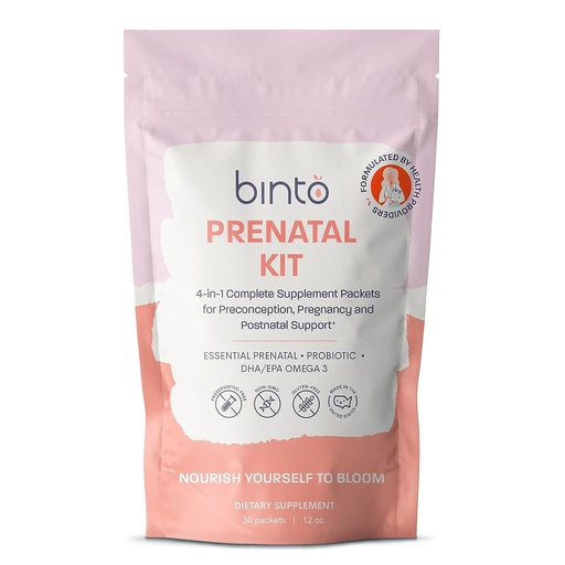 [BRSWYAQTAQFAGD37] Binto Prenatal Kit - 4-in-1 Supplements for Healthy Mom & Baby - 30 Day Supply - Multivitamin, Probiotics, Iron, DHA, Methylated Folate & Folic Acid - Non-GMO, Gluten-Free, Vegetarian