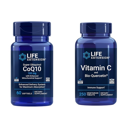 [BRSRAYYYARYGO333] Life Extension Super Ubiquinol CoQ10 60 Softgels and Vitamin C & Bio-Quercetin Phytosome 250 Tablets Bundle for Heart, Cellular Energy, Immune & Overall Health Support