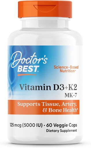 [BRSRAGAHO55GG2T6] Melhor Vitamina D3 + K2 do médico (Vitamina K2 como MK-7), Suporta Osso, Tecido, & Saúde Arterial, Absorção de Cálcio • Não- GMO • Sem glúten • Vegetariano, 5000 UI, 60 Tampas Vegetares