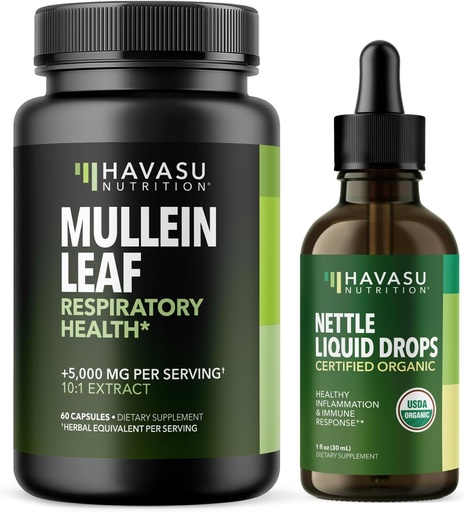 [BRSRAFAYBUDR62D6] HAVASU NUTRITION Capsules de Mullein Leaf + gouttes de liquide Nettle Santé respiratoire