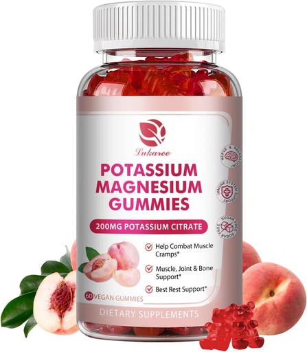 [BRSRAZQZCBYBU2TH] Potassium Magnesium Gummies - High Absorption Magnesium Glycinate & Potassium Citrate 200mg Plus Omega 3, B6, D3, K2 & Calcium - Chewable Gummy for Immunity & Energy - Peach Flavor - 60 Count