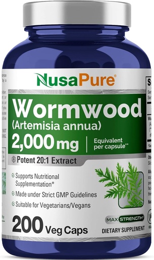 [BRSRAZA5AABA2CL2] NusaPure Wormwood Capsules 2000mg - Artemisia Annua Herb - 200 Count - Ne-GMO un Vegan Papildinājums