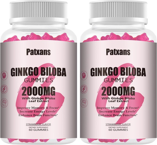 [BRSRAAT7PMFRYDTV] 2 Packs 2000mg Ginkgo Biloba Gummies - Ginkgo Biloba Supplements for Brain Health Support, Improve Mood and Focus, Energy, Adult, Strawberry Flavor, 120 Count