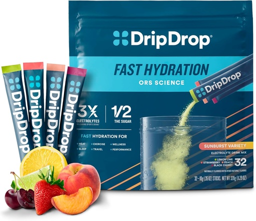 [BRSRAGIFO5YWAGQV] DripDrop Hydration Packets - Sunburst Variety Pack - Single Serve Electrolytes Powder Drink Mix - Lemon Lime, Strawberry, Peach, Black Cherry - Non-GMO, Gluten Free, Vegan - 32 Sticks