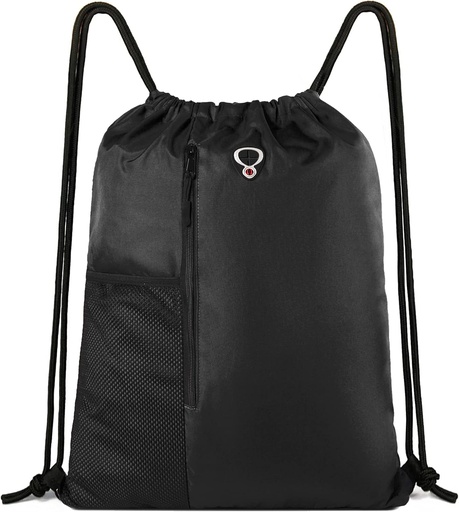 [BRSWGBTROQIAKA3B] BeeGreen Black Drawstring Backpack Gym Bag For Men Women String Sports Backpack With Water Bottle Mesh Pockets And 2 Zippered Pocket Large Cinch Sackpack Workout Bag 16" x 20"