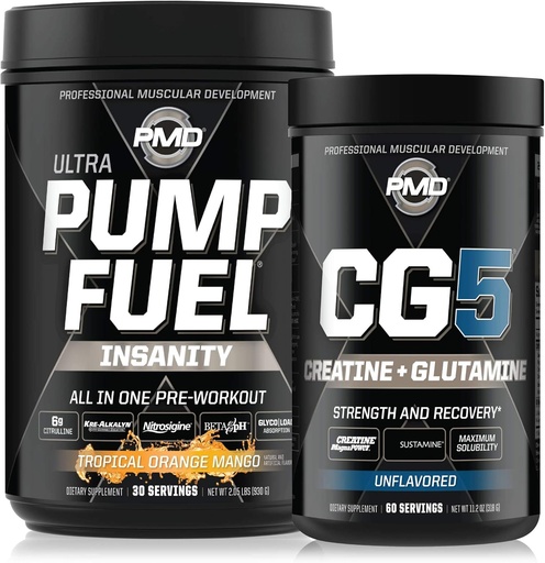 [BRSWYCYFBMNQEYAY] PMD Sports Ultra Pump Fuel Insanity - Pre Workout - Trópusi Orange Mango (30 Servings) Sports CG5 Premium Creatine and L- Glutamin Powder (60 Servings)