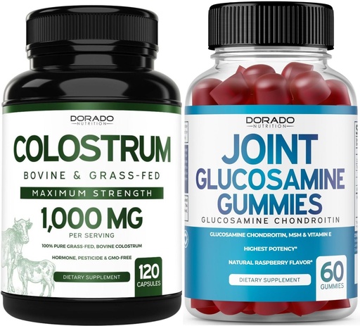 [BRSRAZL4AF7RU2Y2] Colostrum (120 Count) Bovine Colostrum Capsules for Adults and Glucosamine Chondroitin (60 Gummies) Joint Supplements for Men & Women with Delicious Raspberry Flavor - Vegan Safe & Made in USA