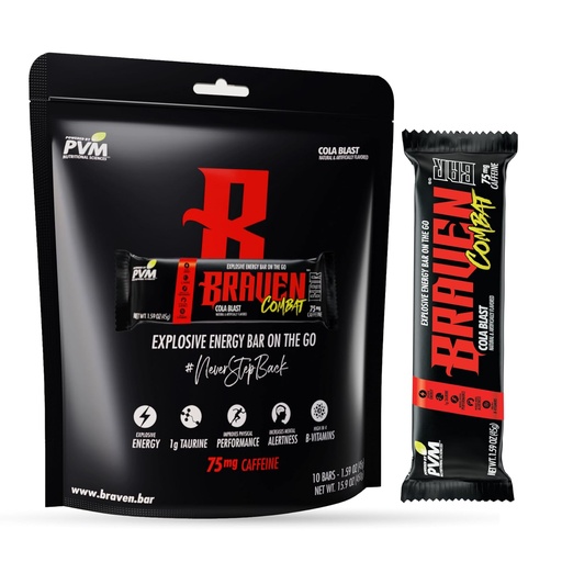 [BRSRMGLRCMIAMCQ7] Braven Combat Cola Blast Energy Bars with Caffeine (1.59 oz, Pack of 10) – On-The-Go Energy Bars with 75mg Caffeine – Gluten Free Energy Snacks – Alternative to Energy Chews with Caffeine