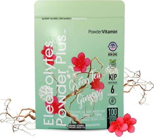 [BRSRAGQKOUPR4CDD] PowderVitamin Elektrolyte Pulver Plus (100 Portionen) Grüner Tee Ginseng Elektrolyt Pulver Keto, Zuckerfrei, Rosa Himalaya Salz, 1000mg Kalium, 150mg Calcium, 150mg Magnesium, Hydration Pulver