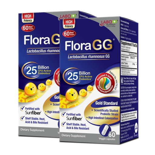 [BRSRAAI6OQGQEAIU] LABO Nutrition FloraGG Lactobacillus Rhamnosus LGG 25 Billion CFU Daily (LGG Probiotic with Sunfiber) 5-Layer Microencapsulated L. Rhamnosus Supplement | Digestion & Immune Support | 60 Capsules x2