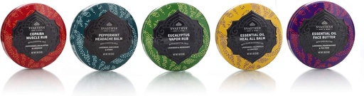 [BRSWGBALAF6WCHIV] SVASTHYA BODY & MIND Essential Oil Balms Multi Pack Gift Set - Includes Muscle Rub, Headache Balm, Vapor Rub, Heal All Balm and Face Butter - Made in The USA, 1 ea -5 Pack