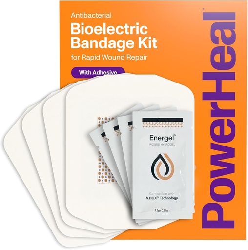 [BRSROBAFAR6Q2D3G] PowerHeal Bioelectric Bandage Kit for Wound Care & Fast Healing – 3-Layers w/Bioelectric Pad, Absorbent Pad, Adhesive + Wound Hydrogel – for Cuts, Abrasions, Blisters, Burns – 4-Pack, 4” x 4”