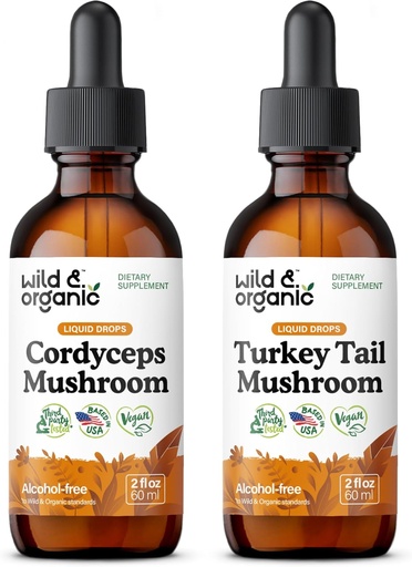 [BRSRABD5CAPR62Q6] Wild & Organic Cordyceps Mushroom Tincture 2 fl oz & Turkey Tail Mushroom Tincture 2 fl oz
