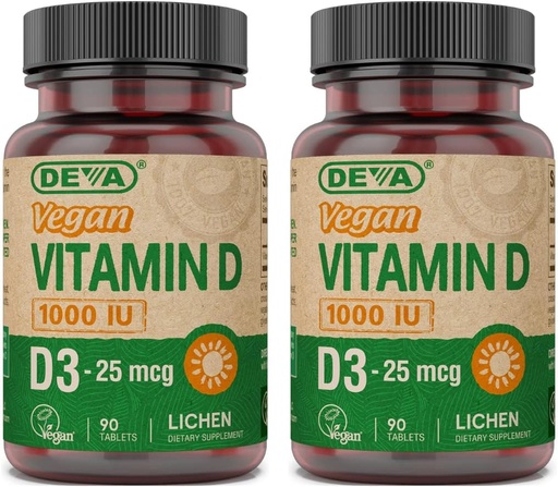 [BRSW2BQYOYIRMETB] DEVA ויטמין D3 תוסף - Once-Per-Day Tablet with 1000 IU - Cholecalciferol Lichen Plant Derived - 90 טבליות קטנות