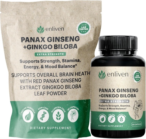 [BRSROCQQPNYGGEYV] Panax Ginseng & Ginkgo Biloba Supplement for Energy, Focus & Brain Health | Korean Red Ginseng Capsules for Memory, Stress Relief & Circulation | Natural Cognitive Support | 60 Count | Made in USA