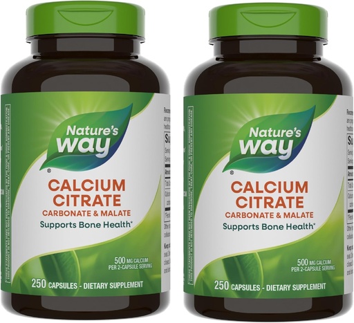[BRSWGAITOEBAICTA] Nature's Way Calcium Citrate, 500 mg Calcium per 2-Capsule Serving, for Bone Health & Muscle Function*, Blend of Citrate, Carbonate & Malate, Gluten Free, 250 Capsules (Packaging May Vary) - 2 Pack