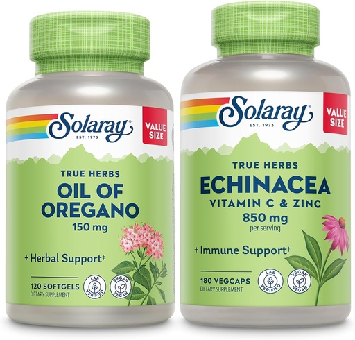 [BRSRABANOZ7REGTX] SOLARAY Oil of Oregano Softgels and Echinacea, VIT C & Zinc Immune Support Supplement - Oregano Oil and Echinacea Capsules w/Vitamin C 500mg Plus Bioflavonoids, Vegan, 60-Day Guarantee, 120ct/180ct