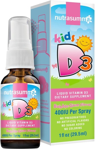 [BRSWI2Y2C4GAKDLG] Nutrasumma Kids Vitamin D3 400 IU Spray Bubble Gum Flavor-1oz- Naturally High Absorption Rate Supports Bone Boosts Immune System Vitamin Supplement