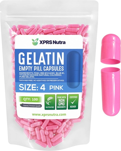 [BRSWY2QLAEFBODLD] XPRS Nutra Maat 4 Lege capsules - 100 Telle Lege Gelatine Capsules - Pillen DIY Capsule Vulling - Pure Bovine Pill Gel Caps (Roze)