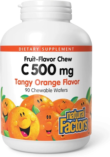 [BRSWIYTYB4BWODA3] Fatores naturais, Vitamina C 500 mg, Crianças mastigáveis para apoiar ossos e dentes saudáveis, Tangy Laranja, Vegan, Não-GMO, 90 wafers (90 porções)
