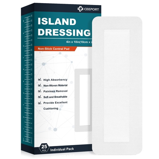 [BRSROAIHOUDREA3F] Ceeport Island Dressing Bordered Gauze 4"x10", 25 Individually Packed Non-Stick Pad in Center with Adhesive Border,Soft & Highly Absorbent Medical Grade Dressing Gauze Pad for Wound Care and First Aid