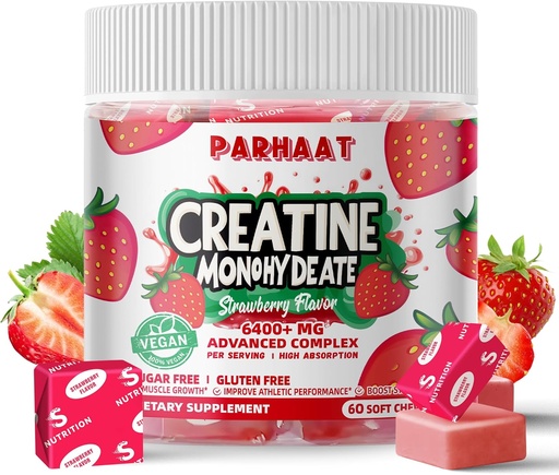 [BRSRAGILDJ7GYHI6] Creatine Monohydrate Chews Complex 6400mg for Men & Women -Advanced Formula W/L-Taurine + Vitamin B12, Sugar Free Chewable Supplement,60 Strawberry Softchews