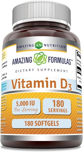 [BRSWIBA4PJYWOE3M] Erstaunliche Formeln Vitamin D3 (Cholecalciferol) Ergänzung | 5000 IU pro Servieren | 180 Softgels | Non-GMO | Gluten-Free | Made in USA