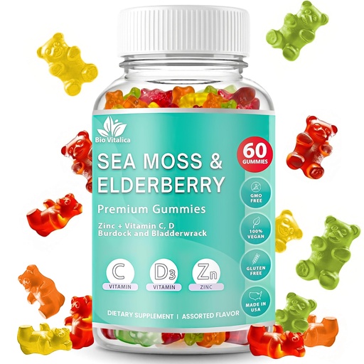 [BRSW2EL5OF6R4FA4] BIO VITALICA Irish Sea Moss Gummies with Elderberry – USA Made Vegan Gummies with Vitamin C, D & Zinc – Immune Support Supplement with Bladderwrack & Burdock Root for Adults & Kids – 60 Count