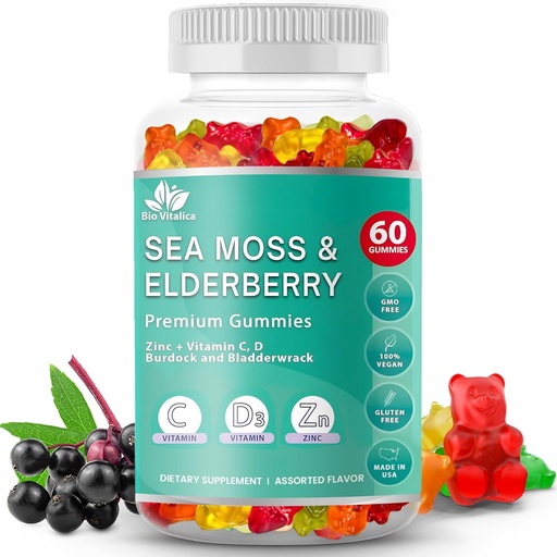 [BRSW2EL5OF6R4FA4] BIO VITALICA Sea Moss Gummies Elderberry BioVitalica - ויטמין C + Zinc - Irish Seamoss טבעוני עם Sea Mosss Gel & אבקת עבור Immunity, Detox - עבור מבוגרים וילדים