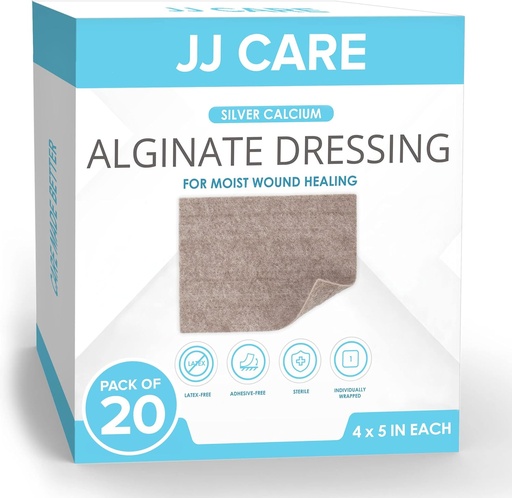 [BRSWYZQ6CJYBOYDK] JJ CARE Silver Calcium Alginate Wound Dressing (Pack of 20) 4x5, Silver Alginate Wound Dressing Individually Packed, Highly Absorbent Non-Adherent Bandages for Wound Care