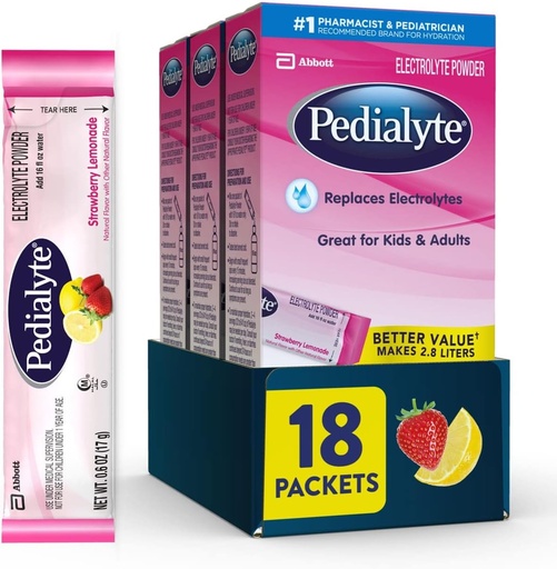 [BRSWKGAGO4BAGDT6] Pedialyte Electrolyte Powder Packets, Strawberry Lemonade, Hydration Drink, 18 Single-Serving Powder Packets