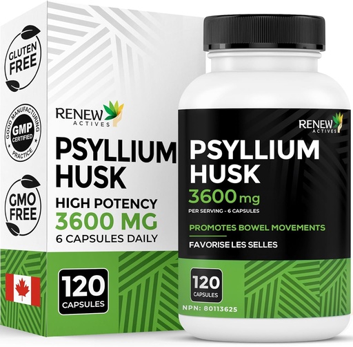 [BRSW2GIKOYBWYELD] Renew Actives Psyllium Husk 1200MG per 2 Capsules – Bulk-Forming Laxative & Soluble Fiber for Digestive Health, Regularity & Adult Wellness – Pure Ingredients – Made in Canada – 120 Capsules