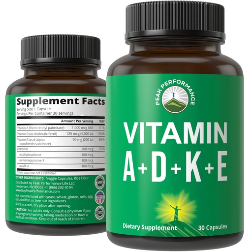 [BRSRAZYECMIGEHL3] Peak Performance Vitamins D 5,000 iu + A + K + E All in 1 Easy to Swallow Vegan Capsule. ADK Vitamin Supplement with E D3 K2. Essential Vitamins for Mood, Immune, Bone, Vision, Heart