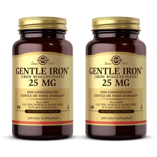 [BRSWICYFA4PRGDDG] Solgar - Gentle Iron 25 mg Vegetable Capsules 180 Count 2 Pack Easy on Stomach, Promote Red Blood Cell Production.