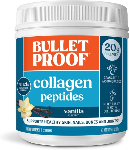 [BRSWYGIRAB6BQFDG] Bulletproof Vanilla Collagen Peptides Powder with MCT Oil, 14.3 Ounces, Grass-Fed Collagen Protein for Skin, Bone and Joint Support, Pasture Raised, No Added Hormones, Packaging May Vary