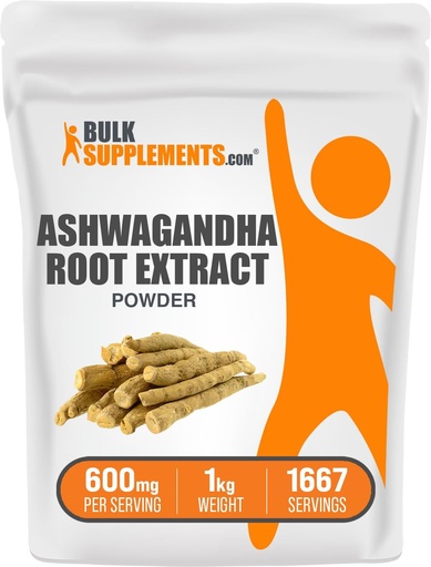 [BRSWKHYQAEDWE3TC] BulkSupplements.com Ashwagandha Erroa Erauzketa Hautsa - Ashwagandha osagarria, Herbal osagarria - Vegan & Gluten Free, 600mg zerbitzatu bakoitzeko, 1 kg (2,2 lbs) (1eko paketea)