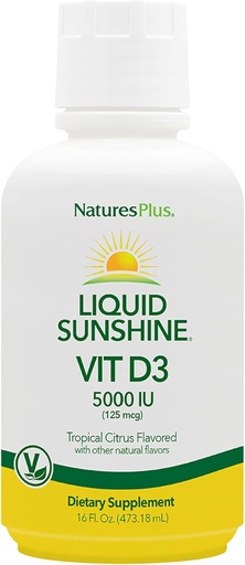 [BRSWIYLYC4MGGADM] Natures Plus Liquid Sunshine Vitamin D3-5000 IU, 16 fl oz - Delicious Tropical Citrus Flavor - Bone Health, Heart Health ' Immune System Support supplement - Gluten Free - 32 Servings