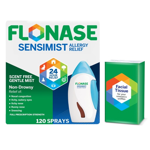 [BRSRAYADOEHWEHQU] Flonase Sensimist Allergy Relief Nasal Spray - Non-Drowsy 24HR Long Lasting Allergy Relief with Fine, Scent-Free Mist - 120 Sprays Plus Bonus Pack of Tissues