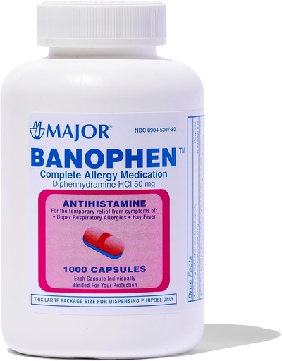 [BRSWGYATAUPWK3D3] MAJOR Banophen Diphenhydramine HCI 50 mg Capsules - Temporarily Relief from The Symptoms of Hay Fever and Upper Respiratory Allergies - Antihistamine - Allergy Medicine - 1000 Capsules (1-Pack)