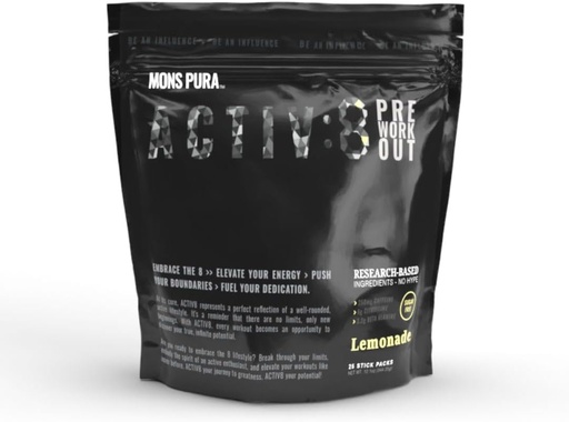 [BRSROBD5AR7WOHQ4] Activ8 Pre-Workout Lemonade Pouch: Energyze Workouts with Research-Based Ingredients - 250mg cafeína, Sugar-Free 25 Stick Pack