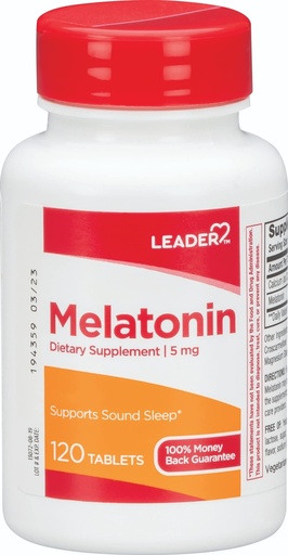 [BRSWYHY2CQCR4DT5] Leader Melatonin 5MG Tablets 120 Ct. Natural Sleep Aid for Restful Nights